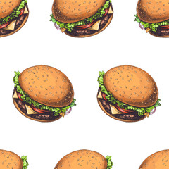 Vector seamless pattern with delicious burgers isolated on white. Color illustration of traditional american fast food. Vintage hand drawn texture