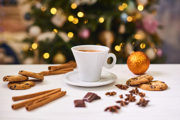 Coffee and snacks on the table on new year table