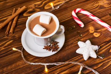 Coffee and snacks on the table on new year table