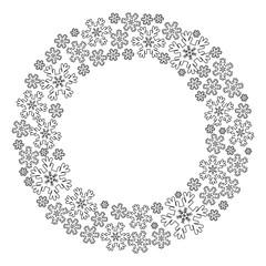 Decorative round frame with snowflakes, black outline design. Vector illustration