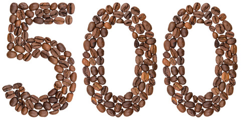 Arabic numeral 500, five hundred, from coffee beans, isolated on white background