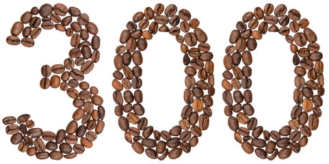Arabic numeral 300, three hundred, from coffee beans, isolated on white background