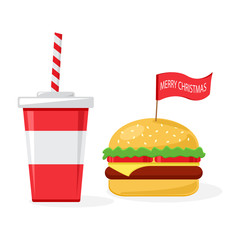 Fast food set for Christmas. Glass of cola, cheeseburger and ribbon with inscription MERRY CHRISTMAS. Vector illustration
