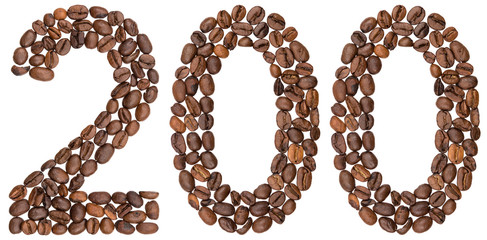 Arabic numeral 200, two hundred, from coffee beans, isolated on white background