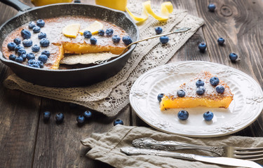 Homemade lemon pie in iron skillet
