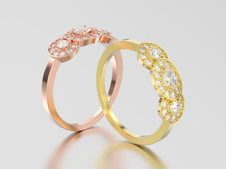 3D illustration two rose and yellow gold  three stone solitaire engagement rings