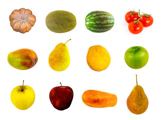 vegetable fruit canvas pattern pumpkin tomatoes cherry melon watermelon peach apple mango on a white background