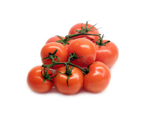 Red ripe tomatoes on branch isolated on white background studio shot closeup