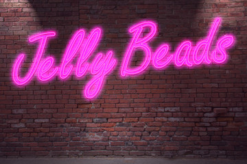 Leuchtreklame Jelly  Beads an Ziegelsteinmauer