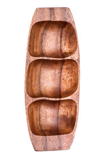 Three section serving tray made from one piece of solid acacia hardwood isolated on white background
