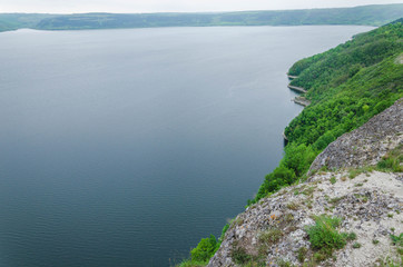 Aerial view on the Dniester Canyon, River and Bakota Bay in National Park Podillya Tovtry. Location place: Bakota, Ukraine.