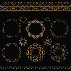 Vector set of gothic frames and borders. Golden vector frames on a black background.