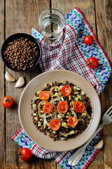 Green Lentil roasted onion and tomato salad