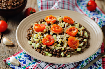 Green Lentil roasted onion and tomato salad