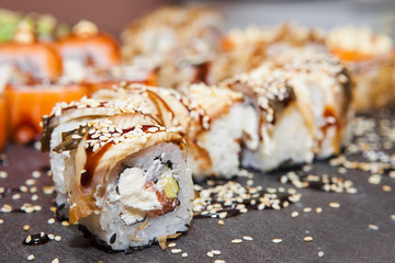 Sushi roll with salmon and shrimp