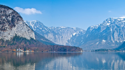 Fototapeta premium View of the lake Hallstater See with white swan, Austria