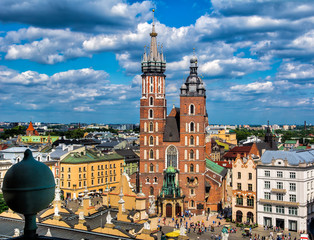 Saint Mary's basilica in main square of Krakow on a sunny day. Cracow/Krakow, Poland.