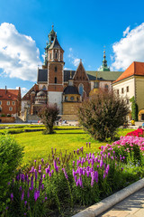 Naklejka premium Amazing view of historic royal Wawel Castle and Cathedral in Cracow, Poland. Artistic picture. Beauty world.