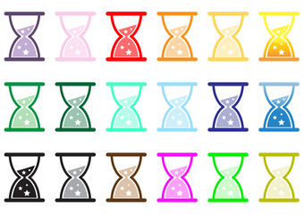 Flat design hourglass with various stars in various colors.