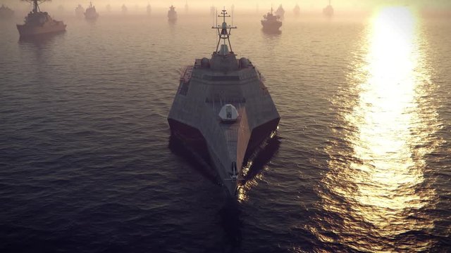 armada of warships floating on the ocean