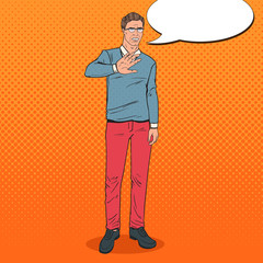 Pop Art Disgusted Man. Guy Showing Stop Hand Sign. Vector illustration