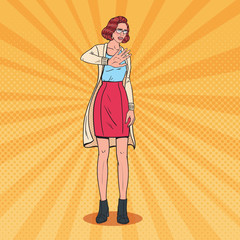 Pop Art Disgusted Young Pretty Woman. Girl Making Stop Hand Sign. Vector illustration