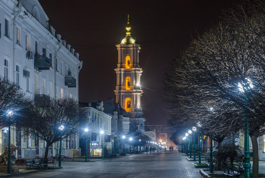 Belfry of the Cathedral with an evening architectural illumination