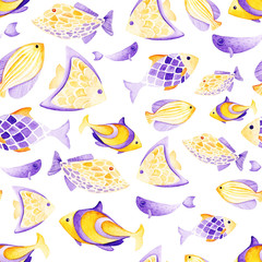 Obraz premium Watercolor different fish pattern. Ultra violet and gold colors. For children design, print or background