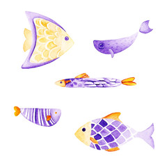 Watercolor fish set. Ultra violet and gold colors. For children design, print or background