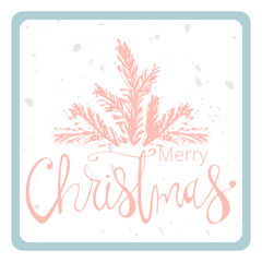 Obraz premium Merry Christmas Hand Drawn christmas tree branch and lettering isolated on white. Cute xmas holiday background for postcards, invitations, greeting cards, banners, posters, etc. Made in vector