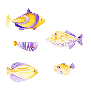 Watercolor fish set. Ultra violet and gold colors. For children design, print or background