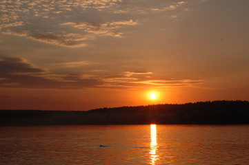Summer landscape: the lake in the rays of the setting sun.