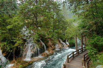 Fototapeta na wymiar The wooden hiking path runs along Pearl Shoal Falls, Jiuzhaigou National Park, Sichuan, China