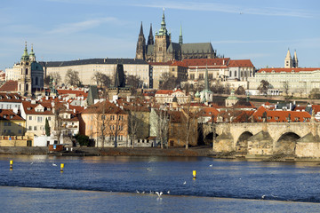 View on the winter Prague gothic Castle with the Charles Bridge in the sunny Day, Czech Republic