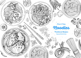 Asian food engraved sketch. Noodle dishes top view frame. Food menu design with cooked noodles . Vintage hand drawn sketch vector illustration. Asian cuisine menu background.