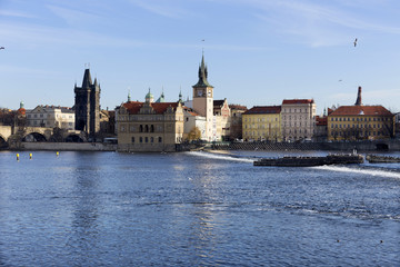 Fototapeta na wymiar Prague gothic Oldtown above River Vltava in the sunny Day, Czech Republic