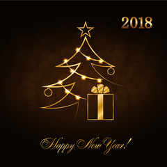 Happy New Year celebration abstract background with gold Xmas tree. Decorative golden gift box, balls, star. Simple sketch card, greeting. Shine light Merry Christmas decoration Vector illustration
