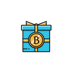 Bit coin logotype on the giftbox - flat color line icon. Bitcoin present symbol in thin linear design. Virtual and digital cryptocurrency vector concept for bonuses and promo events.