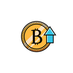 Bit coin symbol with up arrow flat color line icon. Increasing price of bitcoin - pictogram in thin linear style. Digital and virtual money illustration for infographics, web and mobile apps.