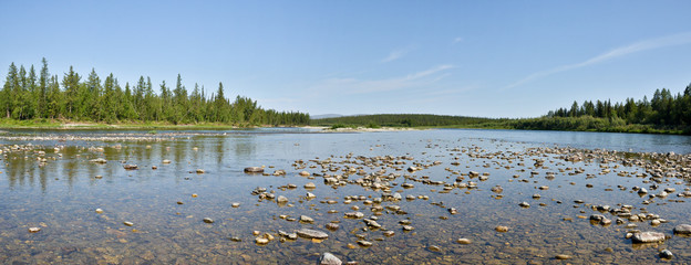 Summer panorama of the taiga river in the Polar Urals.