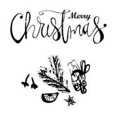 Merry Christmas Hand Drawn abstract universal background with hand lettering and sketched doodle of different xmas spices, kitchen herbs, citrus and xmas pine branches. Holiday vector illustration