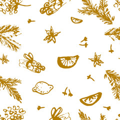 Christmas Seamless Pattern with Hand drawn abstract sketched doodle of different xmas spices, citrus and xmas pine branches. Winter holidays print for wrapping paper, textile, greeting card, wallpaper