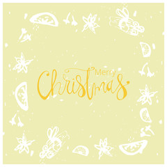 Merry Christmas Hand Drawn abstract universal background with hand lettering and sketched doodle of different xmas spices, kitchen herbs, citrus and xmas pine branches. Holiday vector illustration