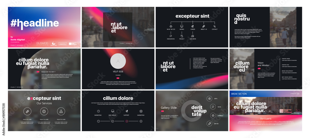 Sticker dark minimal presentation templates elements on a black background. vector infographics. use in pres