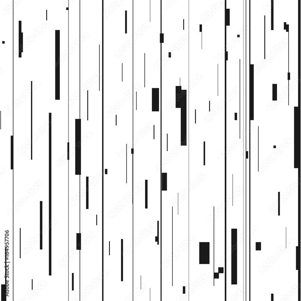 Poster Glitch abstract background. Glitched backdrop with distortion, seamless pattern with random vertical black and white lines for banner, poster and web design. Vector illustration.