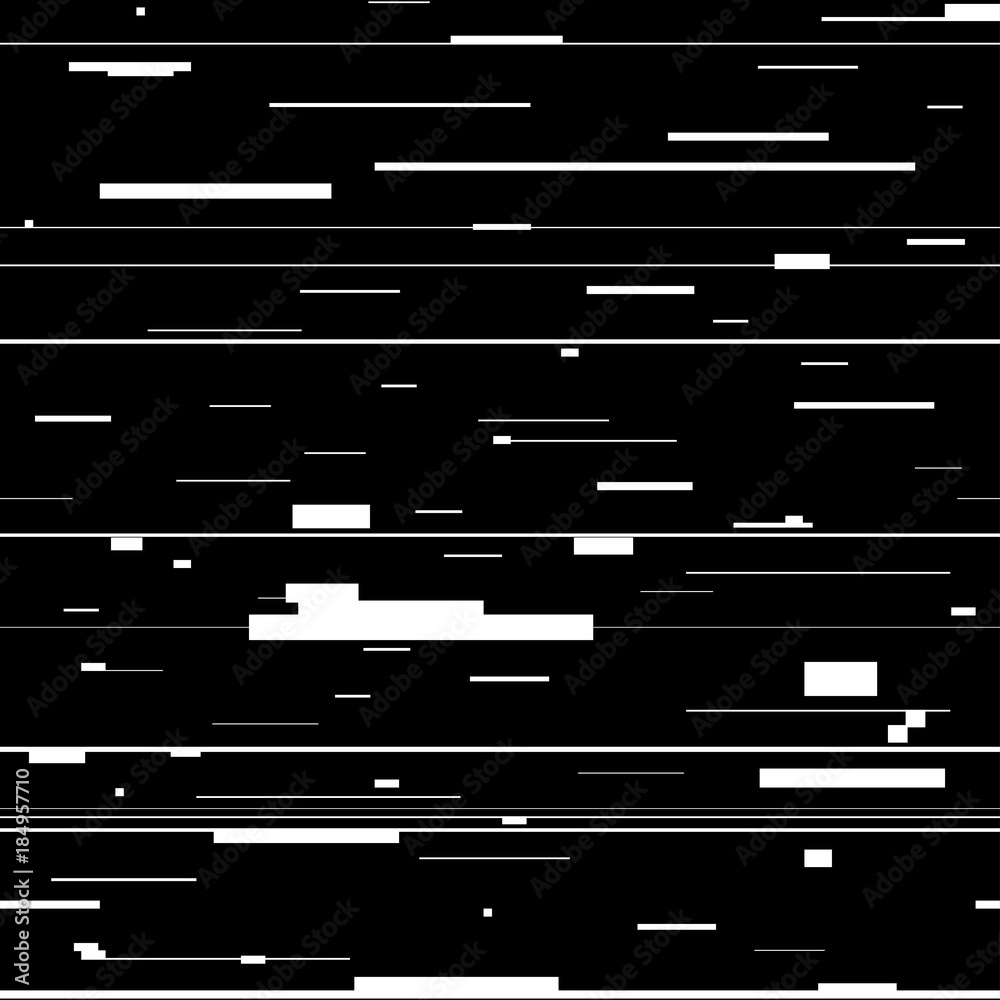 Poster Glitch abstract background. Glitched backdrop with distortion, seamless pattern with random horizontal black and white lines for banner, poster and web design. Vector illustration.