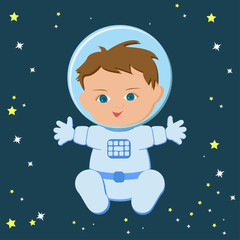 Cute sitting baby boy astronaut in a spacecuit and helmet isolated on a stary dark blue sky background.