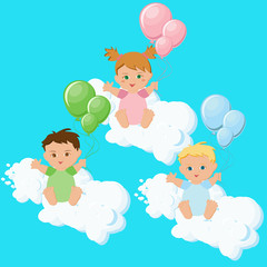 Two boys and a girl sitting on clouds with colorful balloons.
