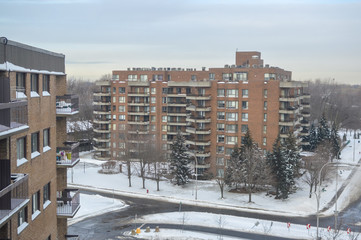 Modern condo buildings with huge windows and balconies in Montreal, Canada. 