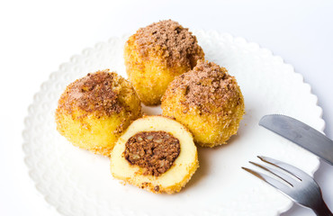 Bread crumb dumplings with chocolate isolated